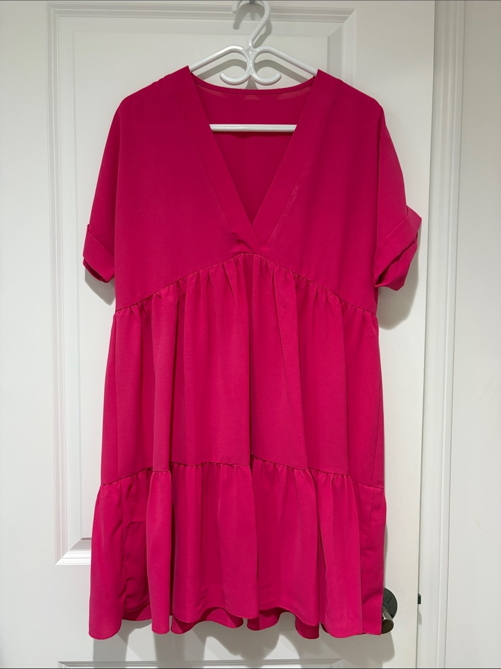 SHEIN V-Neck Tiered Tunic Top - Hot Pink